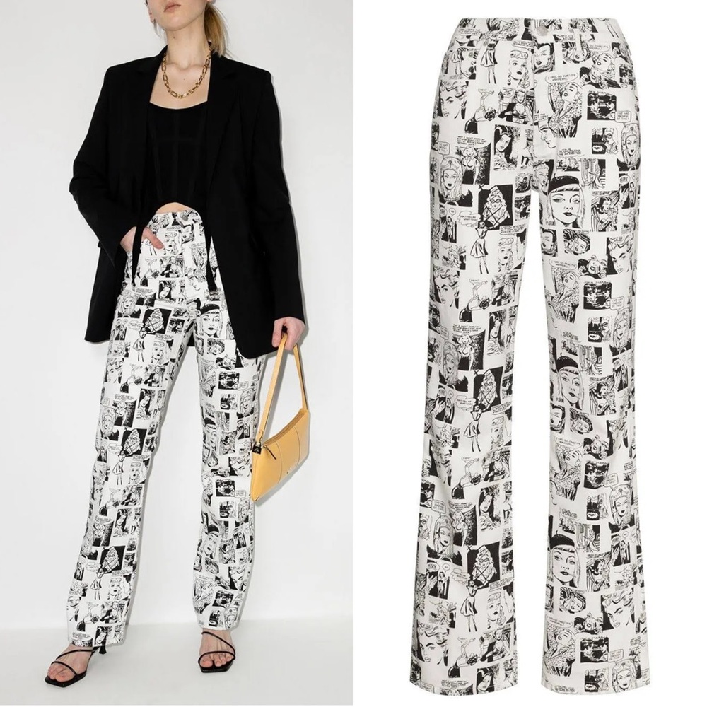 Black & White Graphic Print Wide-Leg Jeans